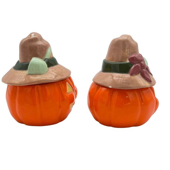 Halloween Decor Scarecrow Jack O Lantern Pair Handpainted Removeable Hat Signed - Picture 4 of 12
